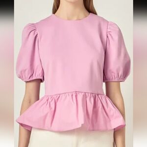 English Factory NWOT Pink Puff Sleeve Peplum Blouse Size Large Juniors